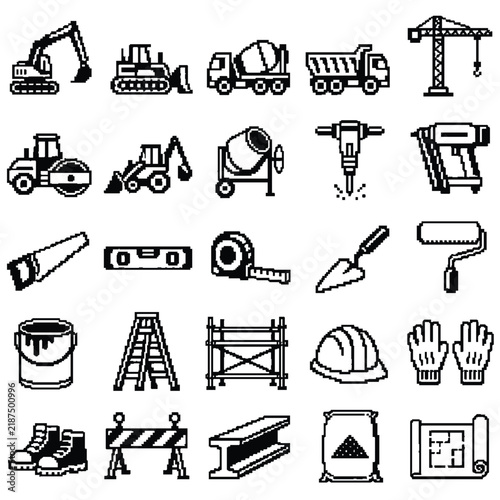 Monochrome Pixel Art Construction Vehicles Tools and Game Icons
