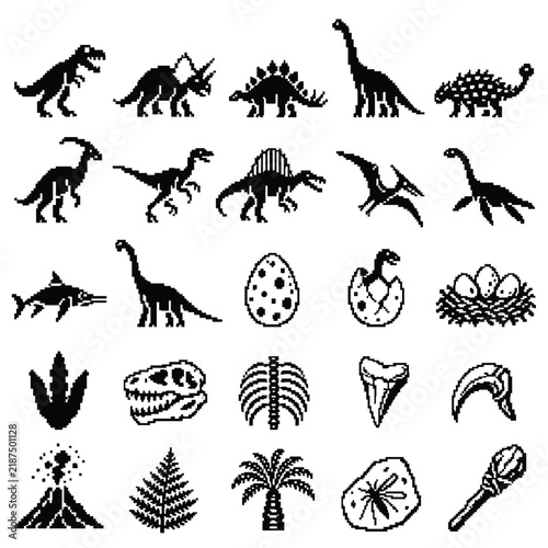 Monochrome Pixel Art Dinosaurs Fossils and Prehistoric Game Icons