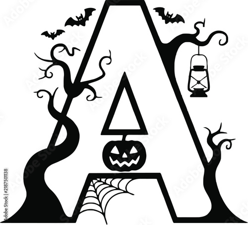 Letter a decorative halloween monogram with spooky tree lantern and pumpkin halloween alphabet lantern light pumpkin jackolantern spider web bat silhouette