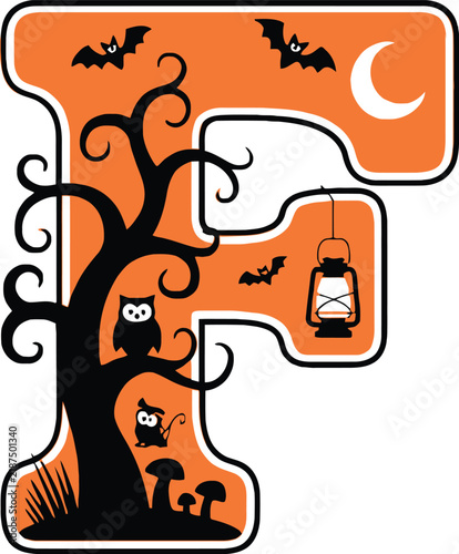 Letter f decorative halloween monogram with owl spooky tree and lantern halloween alphabet owl silhouette lantern light crescent moon bat silhouette letter