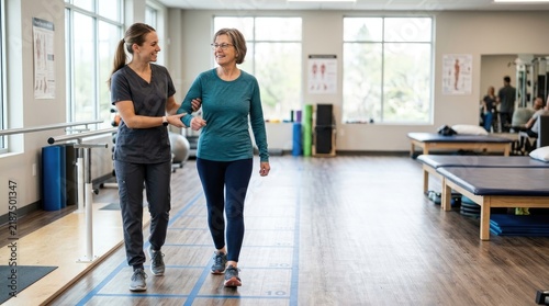 Physical therapist assisting an elderly woman with gait training and walking exercises in a bright, modern rehabilitation clinic with specialized equipment and floor markings