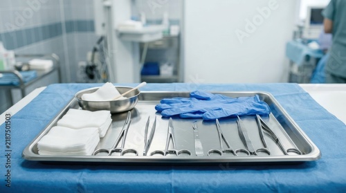 Surgical instrument tray with sterile medical tools, gauze, and blue gloves prepared for a procedure in a clinical hospital setting