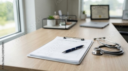 Doctors desk featuring a patient information form, a pen, and a stethoscope, representing a professional medical consultation or administrative healthcare setting