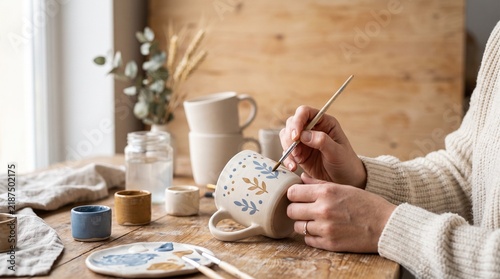 Person painting a personalized ceramic mug at a wooden table  