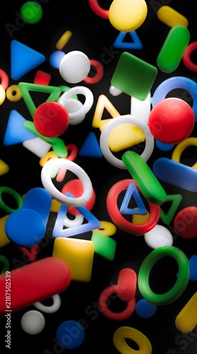 Vibrant floating geometric shapes in dynamic 3D composition with bold colors and depth.