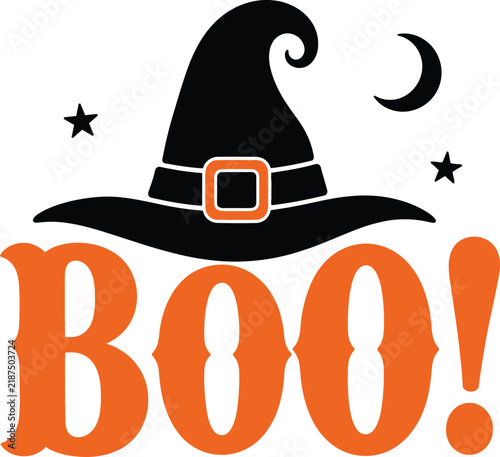 Halloween Boo Typography with Witch Hat and Moon Vector Illustration