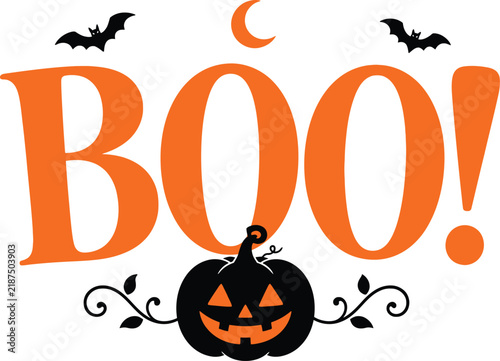 Halloween Boo Typography with Pumpkin, Bats and Moon Vector Illustration