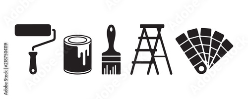 Home renovation paint tool icon set featuring paint roller paint can brush and ladder.