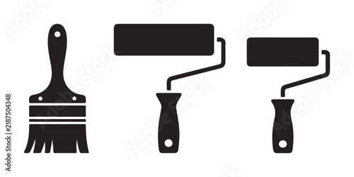 Paint brush and two paint rollers vector black silhouette icons for home improvement tools.