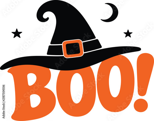 Halloween BOO Typography with Witch Hat, Moon and Stars Vector Illustration