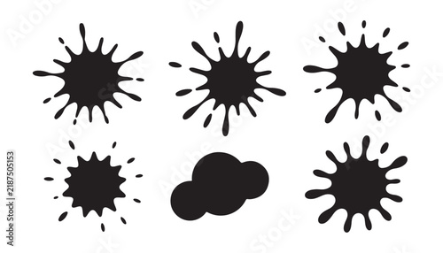 Black ink splatters and paint blobs collection isolated on transparent background set design.
