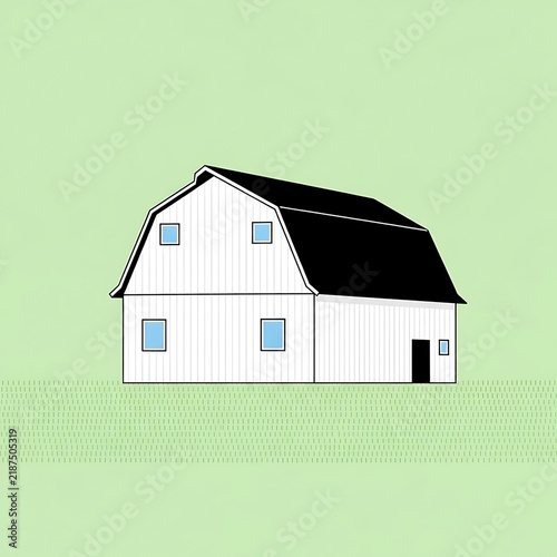 Simple flat illustration of a white barn with a black roof on a light green background.