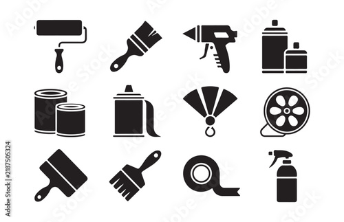 Paint roller brush and adhesive spray tools black silhouettes set for industrial home repair.