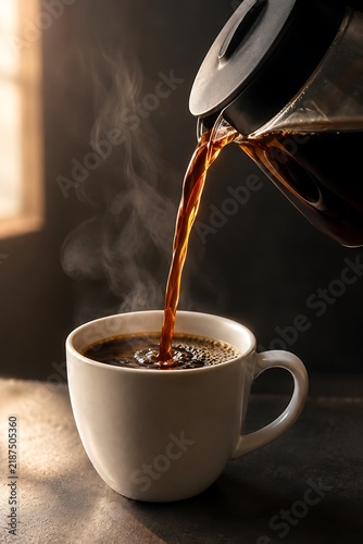 Aromatic hot coffee being poured from a glass carafe into a white ceramic mug, with steam rising in a dimly lit room.