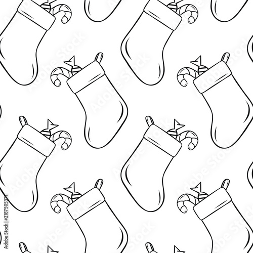 Festive stocking overfilled with sweets and candy sticks in doodle sketch style. Monochrome vector pattern for holiday banners, postcards and branding
