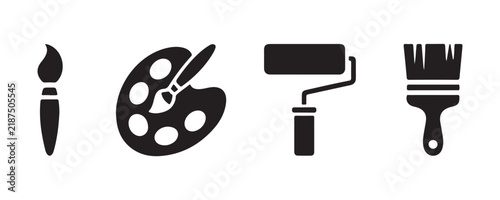 Artist brush palette and roller tool icons set for creative painting and home renovation.