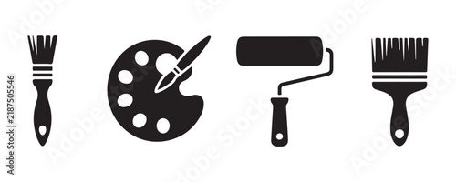 Paint brush palette and roller tool icons set for creative painting and art room decor.