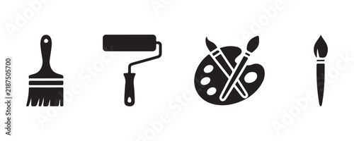 Paint brush roller and palette with crossed brushes icons set for hobby and art painting.