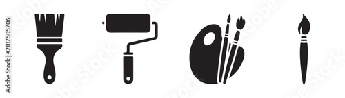 Paint brush roller and palette with brushes icons set for professional art and painting.