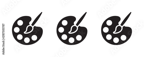 Paint palette and brush icon set in black silhouette style for artistic creative design.