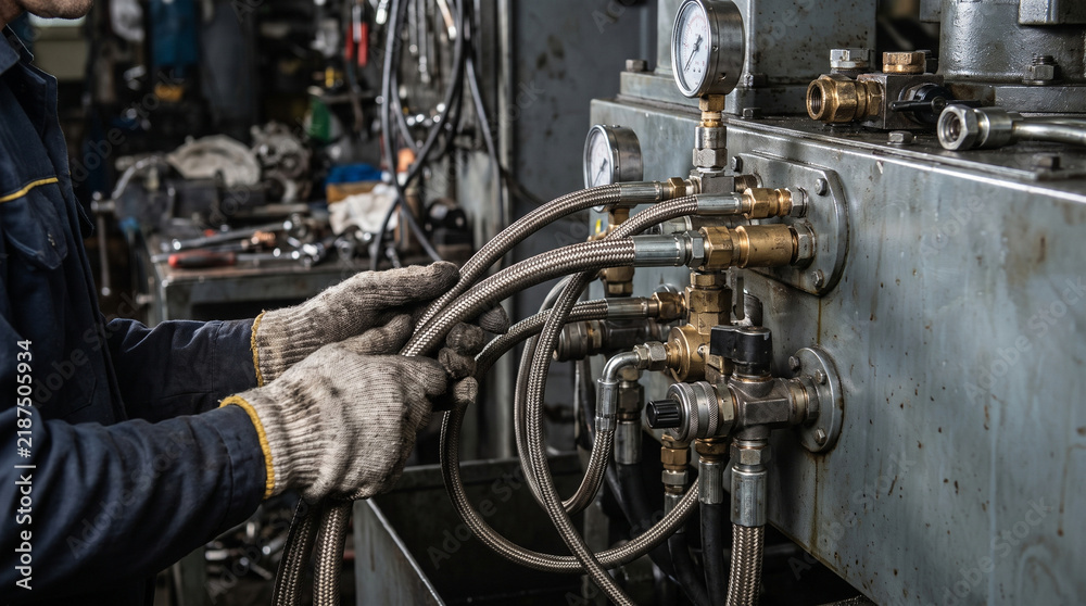 Fototapeta premium Professional mechanic inspecting hydraulic hose connection in workshop, feeling focused and attentive while repairing industrial machine
