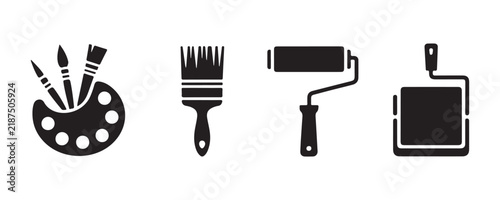 Artistic painting and home decorating tools icon set with palette brush and paint roller.