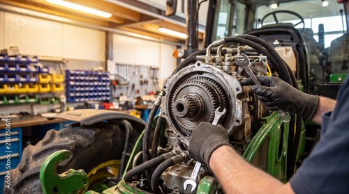 Professional mechanic repairs farm machine engine with focus and precision in workshop setting to ensure reliable equipment performance