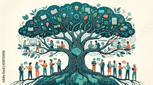 Conceptual tree with circuit branches and diverse people collaborating on a neutral background