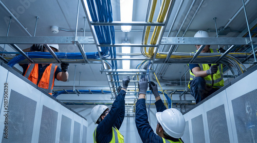 Professional technician worker installing overhead cable tray in modern industrial server room environment with focused expression