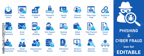 Phishing and Cyber Fraud icon set. Includes symbols for Phishing Email, Identity Theft, Banking Fraud, and Data Breach. Solid vector icons for IT security and web apps.