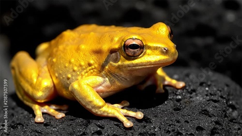 Golden tree frog sitting on dark volcanic rock close up portrait