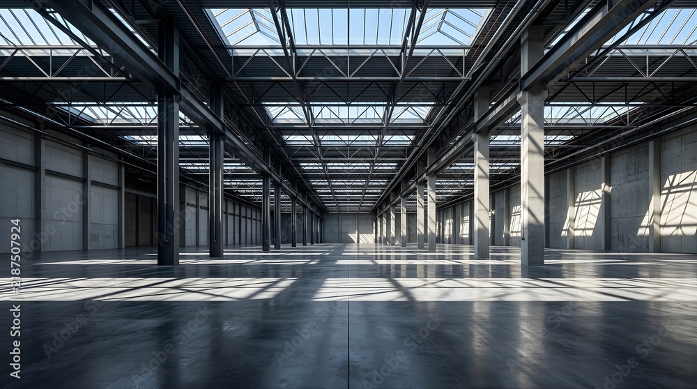 Obraz premium Empty industrial warehouse hall with steel beams and bright skylights