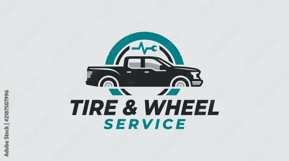 Obraz premium Professional Tire and Wheel Service Logo with Pickup Truck Silhouette and Mechanical Wrench Icon