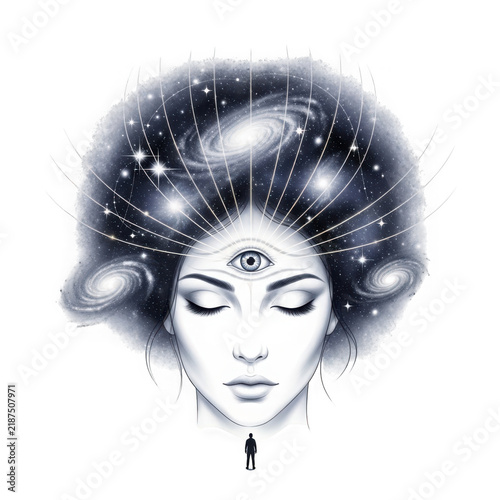 Woman with starry cosmic background hair design isolated