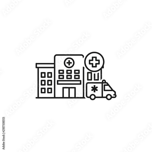 Medical Hospital Building and Ambulance Line Icon