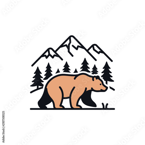 Minimalist Bear and Mountain Forest Vector Illustration