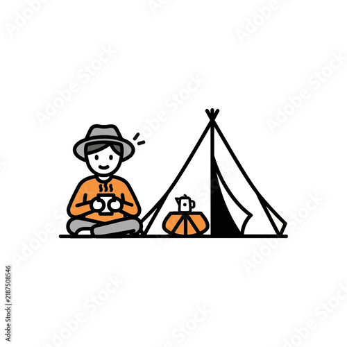 Minimalist Camping Illustration Featuring a Person Relaxing with a Hot Drink by a Tent