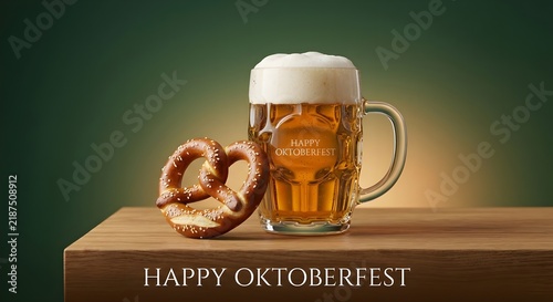Happy Oktoberfest beer mug and pretzel on wooden table