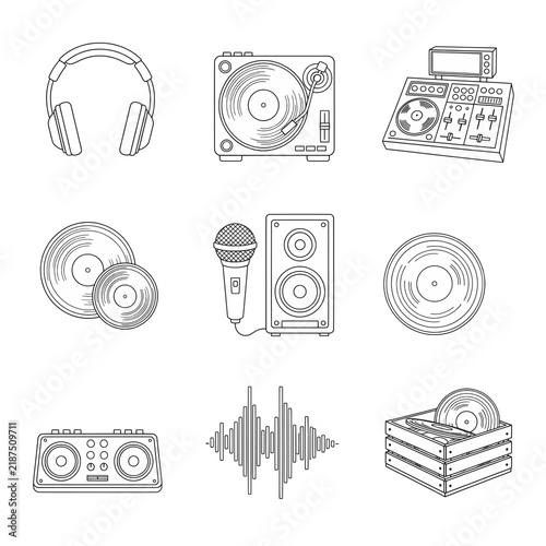DJ equipment Music icon set, turntable, records, vinyl, boombox, mic, headphones, sound wave black and white on transparent background