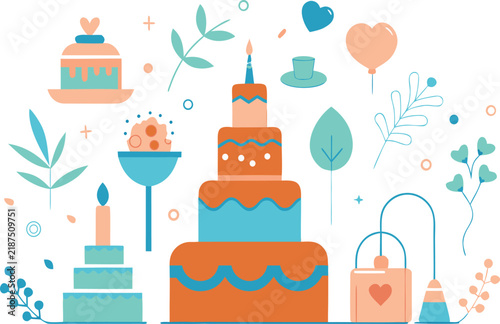 Set of colorful birthday cakes and decorative party elements in a modern flat vector illustration style