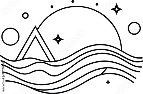 Minimalist line art illustration featuring a mountain peak rising above wavy ocean water under a starry night sky