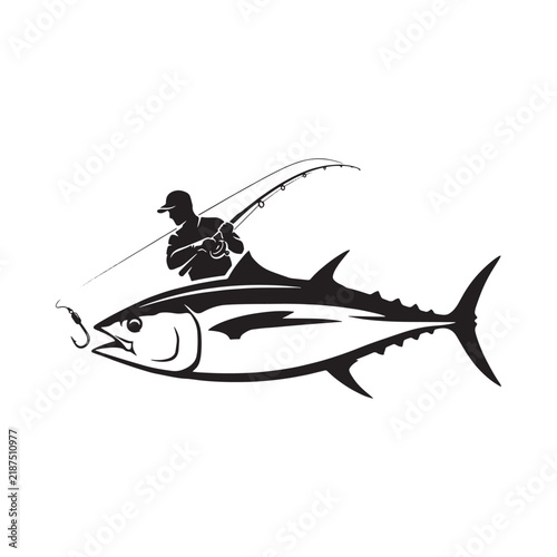 Fisherman riding a tuna fish black silhouette on a white background