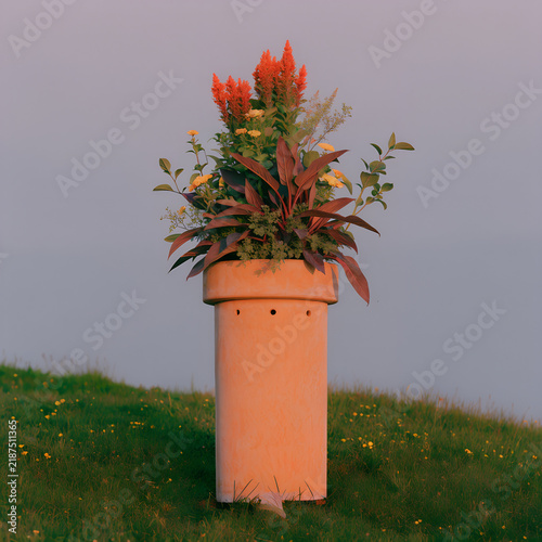 Decorative planter with flowers set against a serene landscape backdrop
