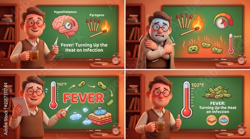 Cartoon teacher explaining fever symptoms and body temperature in a classroom setting