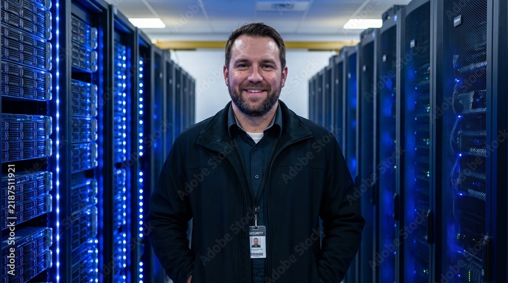 Fototapeta premium IT engineer or network administrator smiling in a modern glowing data center server room