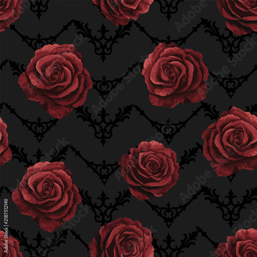 Vector seamless dark gothic halloween pattern with black ornamenst and watercolor red roses