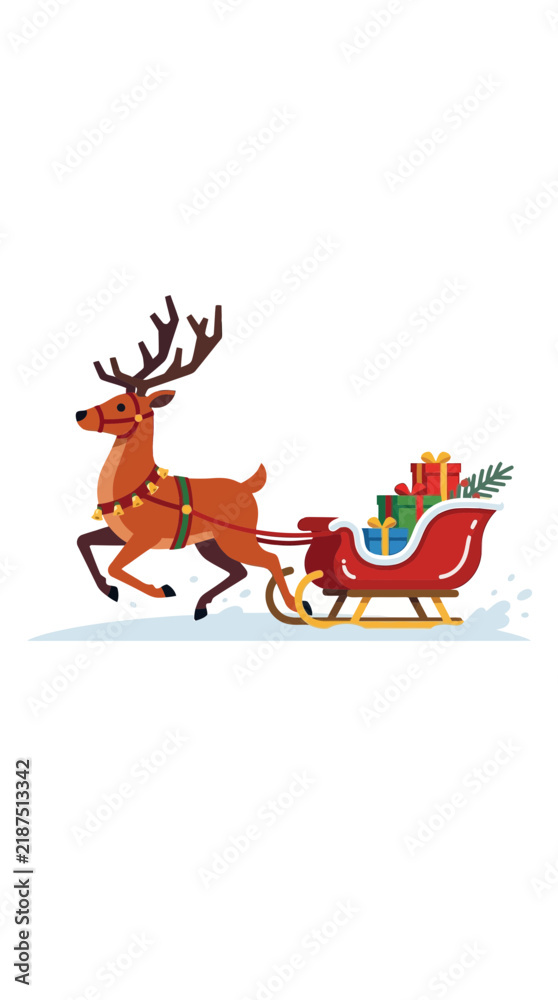 Fototapeta premium Reindeer Pulling Red Sleigh with Colorful Gift Boxes on Snow Vector Illustration