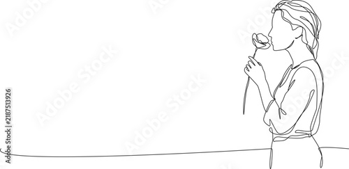 continuous line drawing of a beautiful young woman smelling a flower, minimalist line art vector illustration with copy space