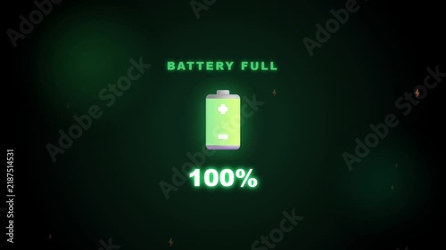 Digital green battery icon displaying full charge at 100 percent