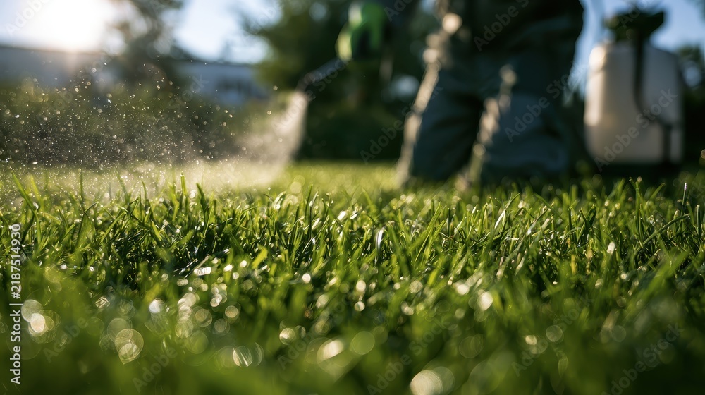 Obraz premium Mist sprays over vibrant green grass from a garden chemical treatment. This image illustrates professional lawn maintenance and pest management.